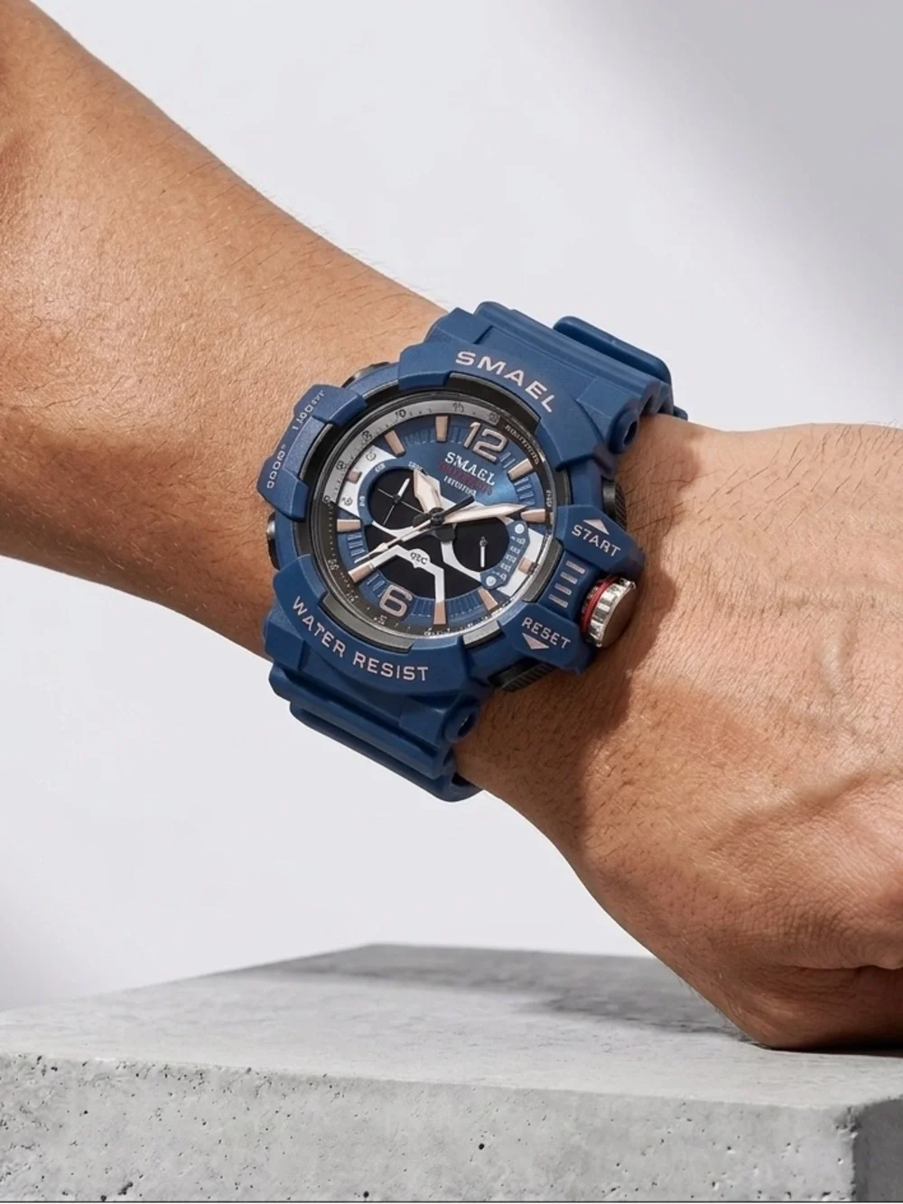 Smael Blue Sports Smartwatch with Rose-Gold Accents